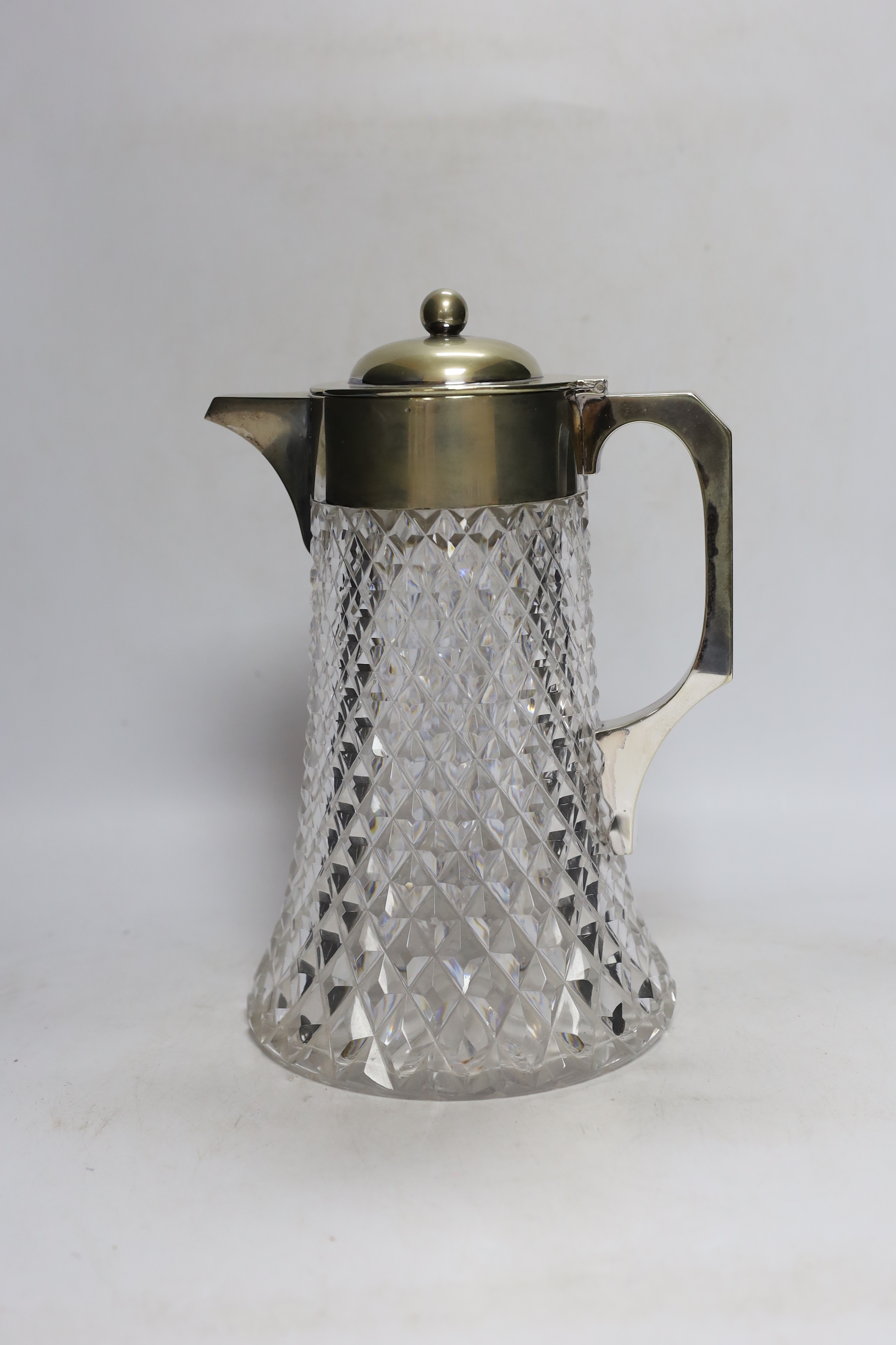 A silver plate mounted cut glass lemonade jug, 29cm